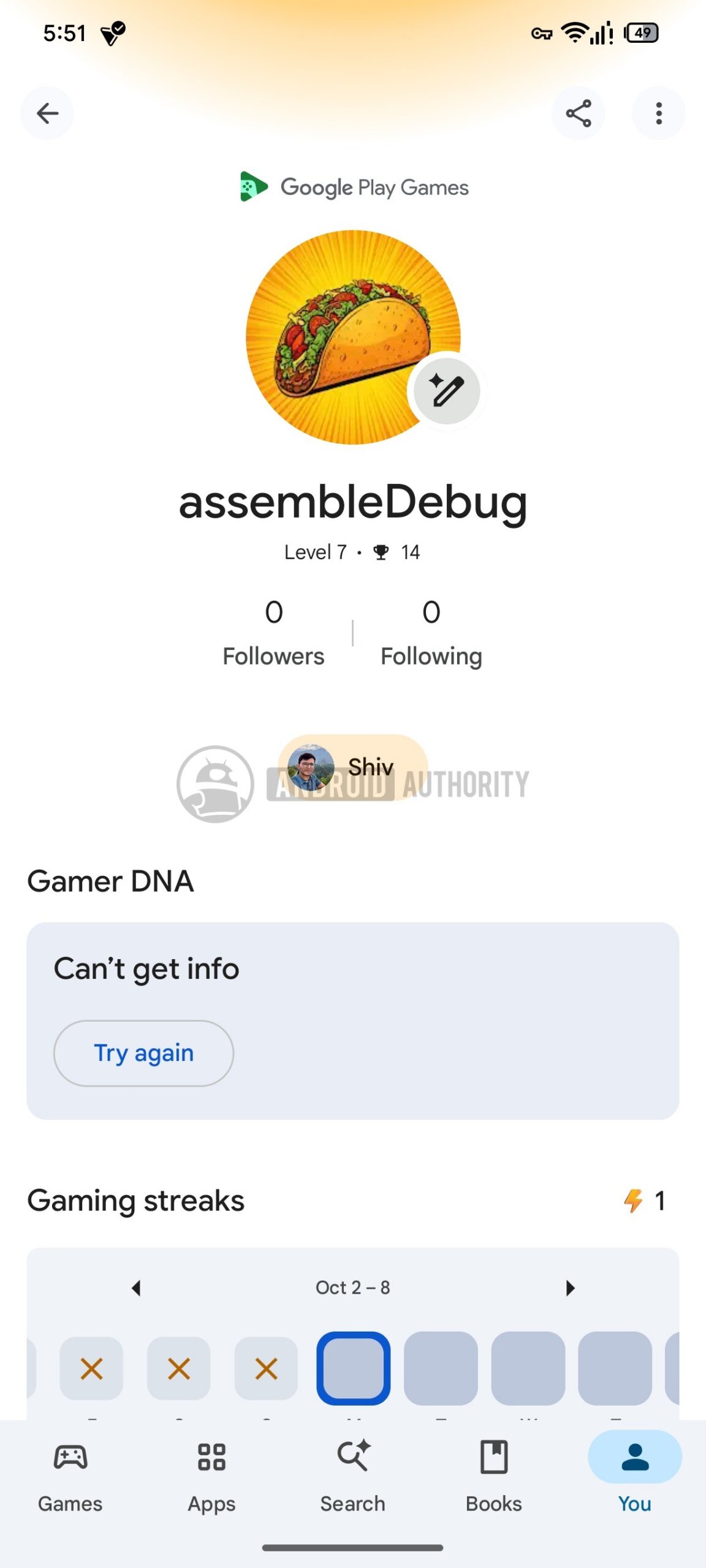 Giao diện thử nghiệm hồ sơ Gamer DNA trong Google Play