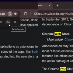 Giao diện thử nghiệm Match case trên Chrome Canary