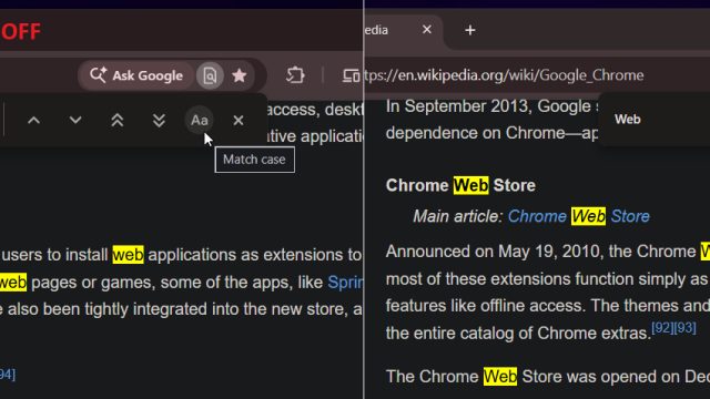Giao diện thử nghiệm Match case trên Chrome Canary