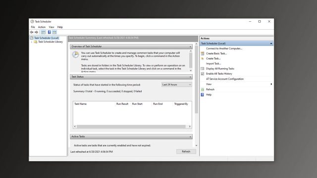 Giao diện tổng quan Task Scheduler với mục Create Task