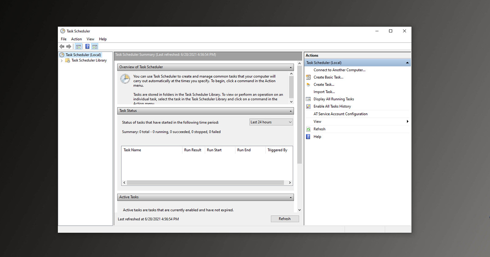 Giao diện tổng quan Task Scheduler với mục Create Task