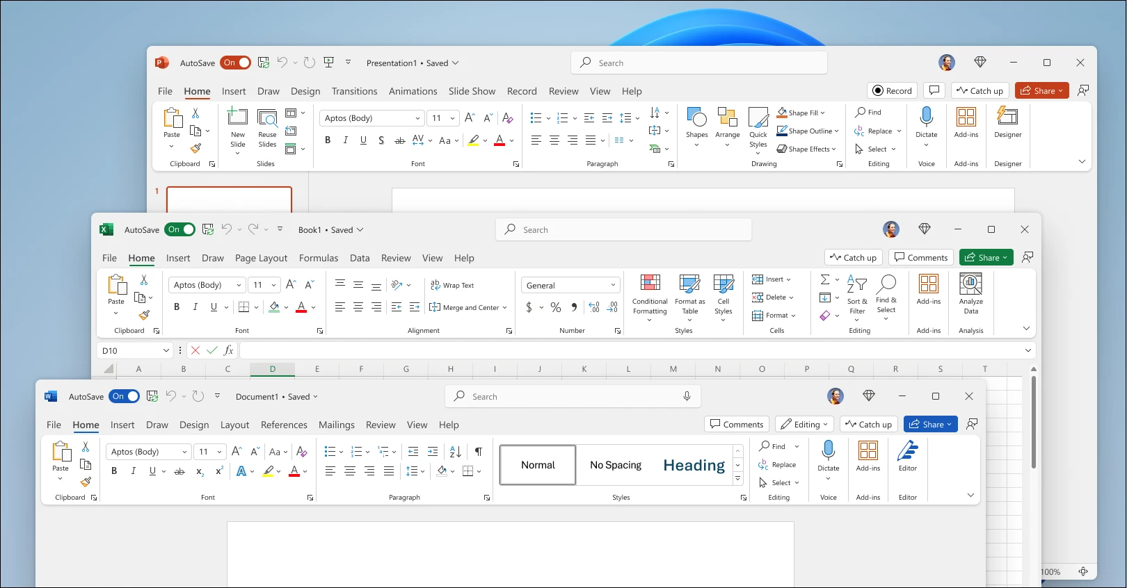Giao diện các ứng dụng Word Excel và PowerPoint trong bộ Office 2024
