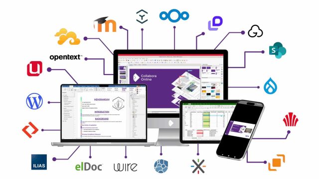 Giao diện văn phòng Collabora trên nhiều thiết bị bên cạnh các logo nền tảng tích hợp