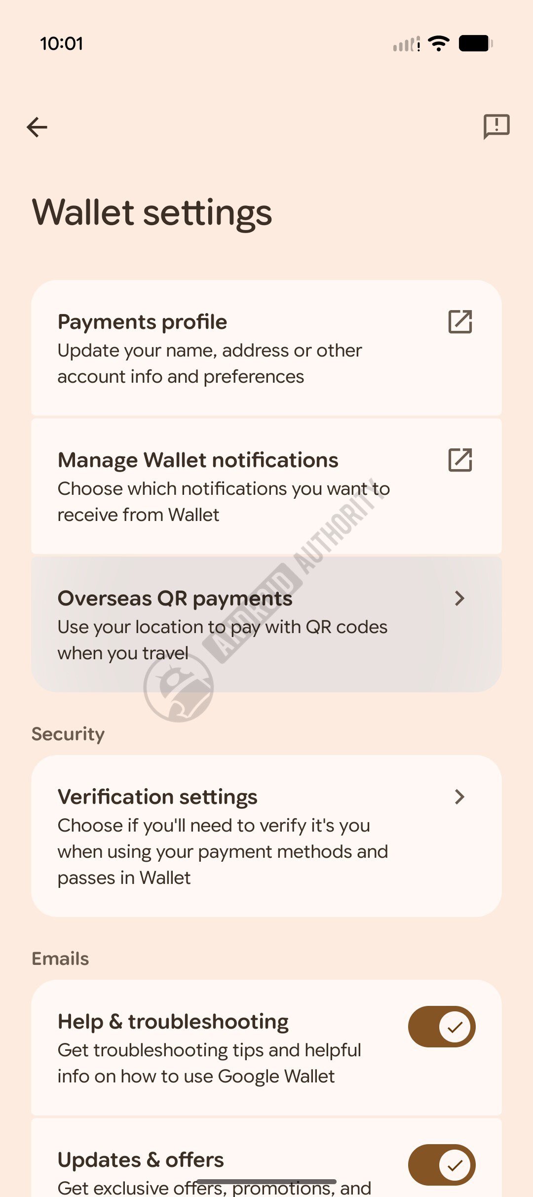 Giao diện Wallet đã có tùy chọn Overseas QR payments, dù tính năng chưa được Google công bố rộng rãi.
