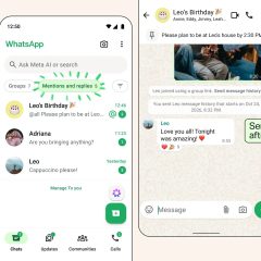 Giao diện WhatsApp với bộ lọc Mentions and replies, tin ghim và nút gửi lịch sử cho thành viên mới