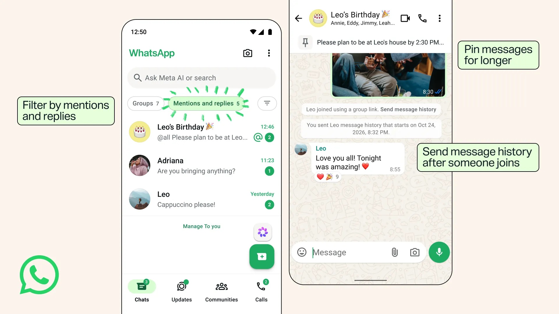 Giao diện WhatsApp với bộ lọc Mentions and replies, tin ghim và nút gửi lịch sử cho thành viên mới