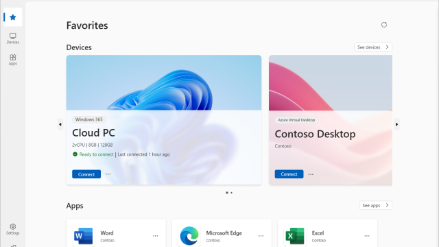 Giao diện Windows App hiển thị mục Favorites, thiết bị Cloud PC và Azure Virtual Desktop