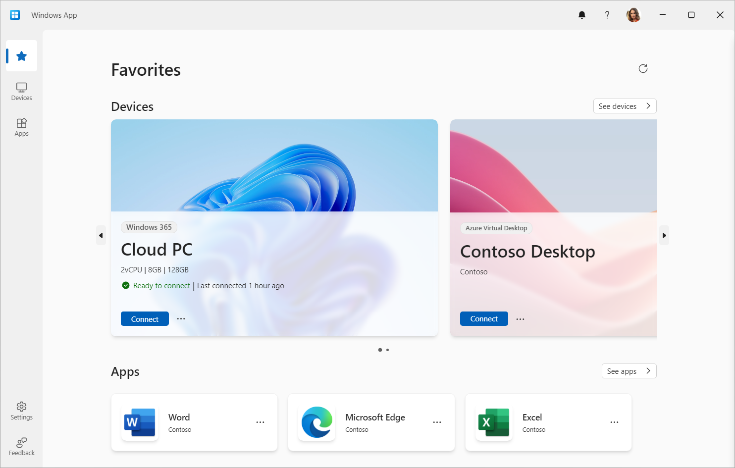 Giao diện Windows App hiển thị mục Favorites, thiết bị Cloud PC và Azure Virtual Desktop