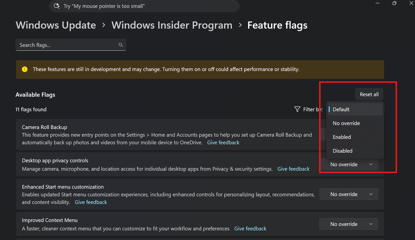 Giao diện Windows Insider Program với bộ lọc feature flags