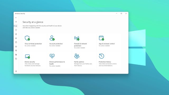 Giao diện Windows Security hiển thị các khu vực bảo vệ và trạng thái thiết bị