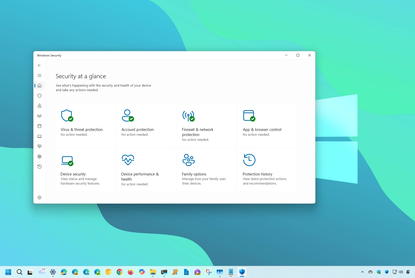 Giao diện Windows Security hiển thị các khu vực bảo vệ và trạng thái thiết bị