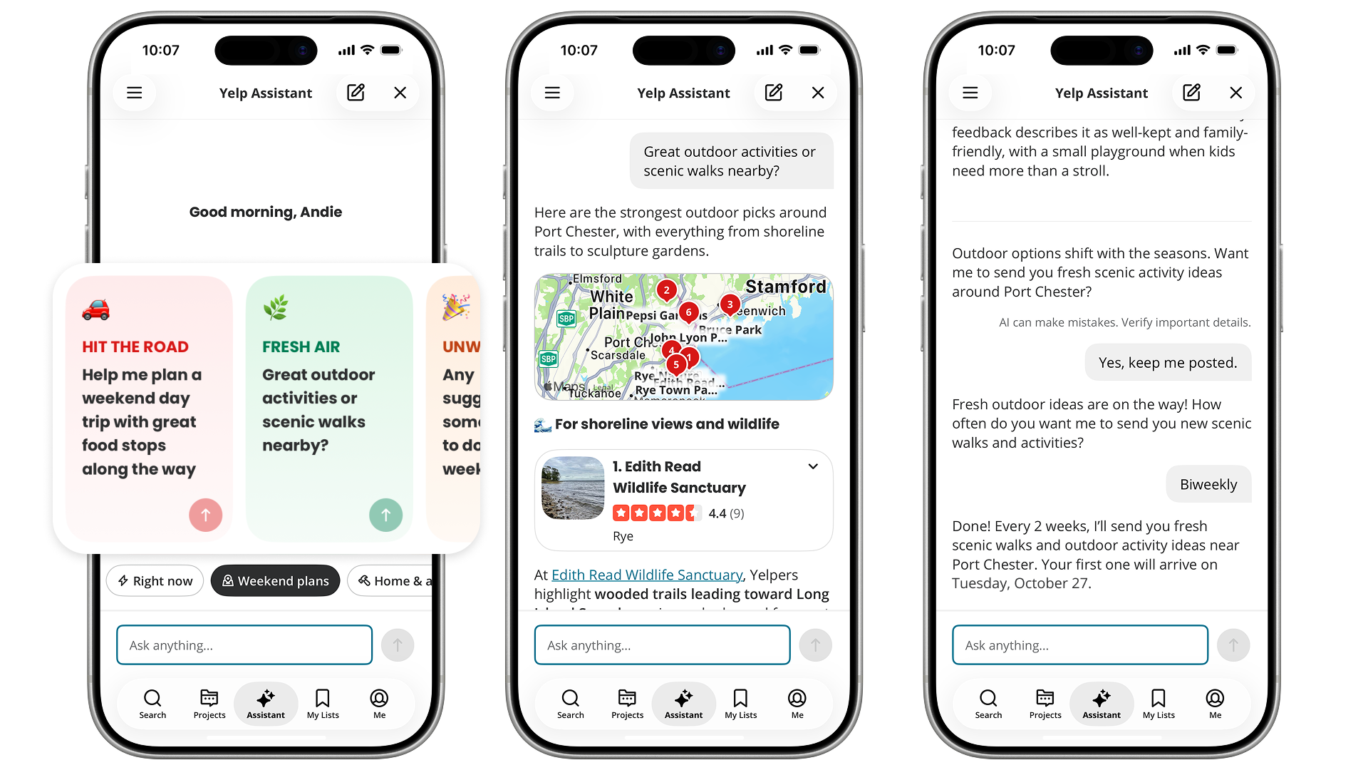 Các giao diện Yelp Assistant với gợi ý và nhắc lịch