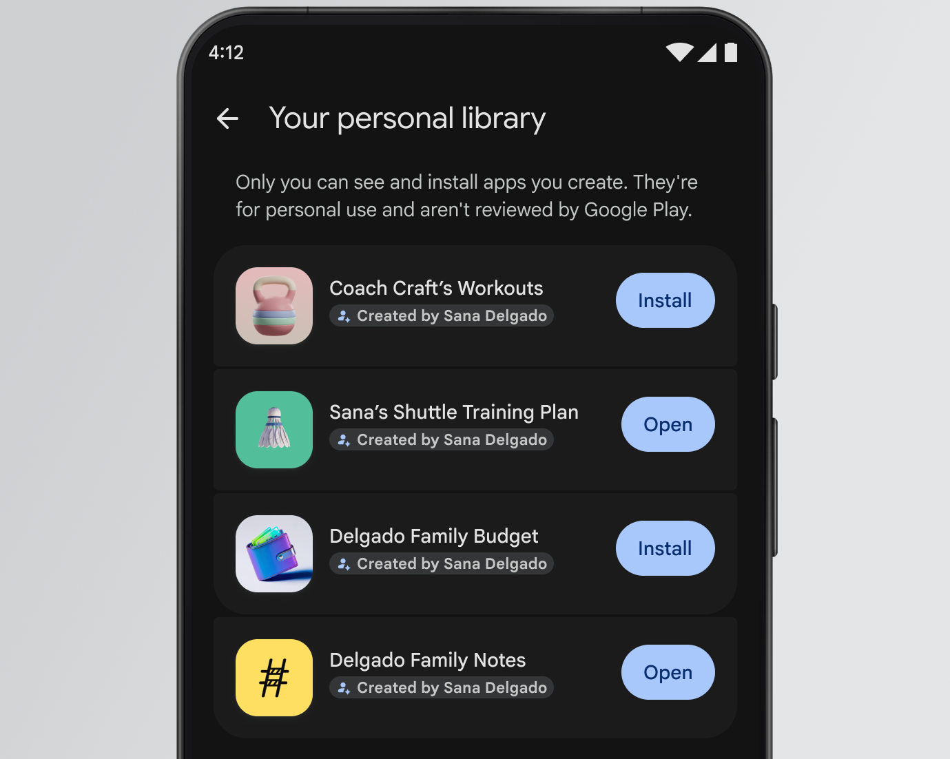 Giao diện Your personal library trên Google Play với danh sách ứng dụng Android tự tạo