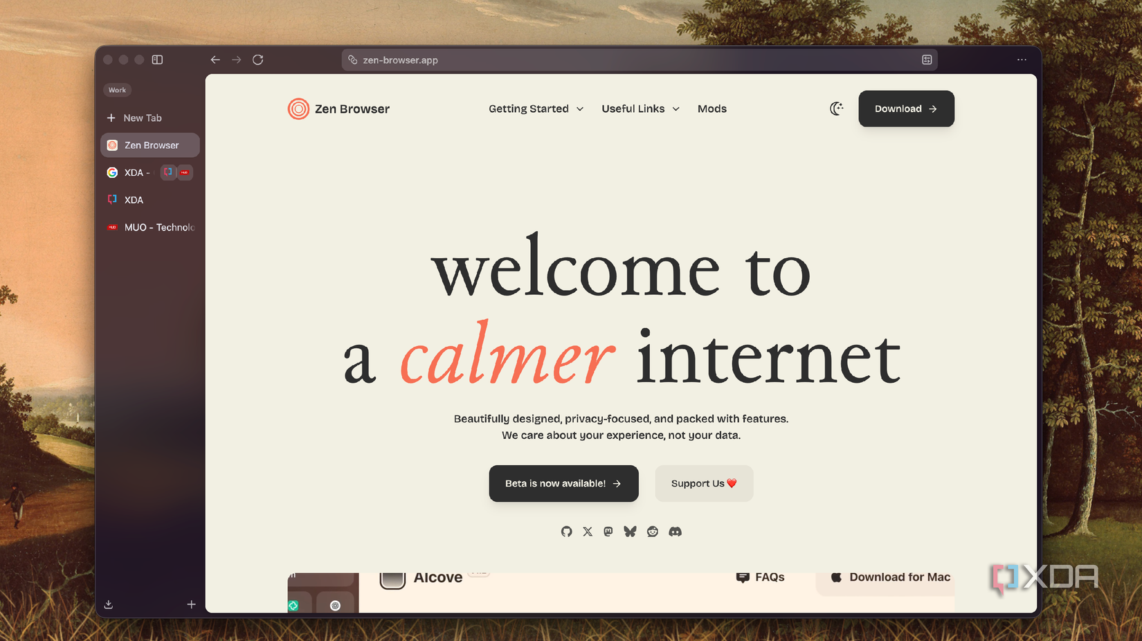 Giao diện Zen Browser với thanh tab dọc bên trái và website Zen ở giữa