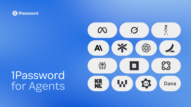 Hình giới thiệu 1Password for Agents cùng các biểu trưng dịch vụ AI được tích hợp.