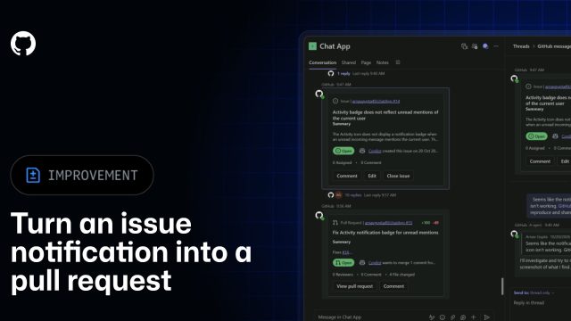 GitHub minh họa thông báo issue và pull request trong Teams