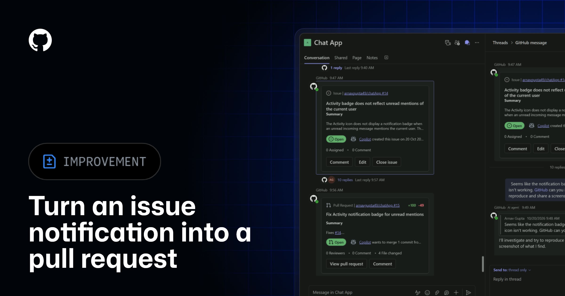 GitHub minh họa thông báo issue và pull request trong Teams