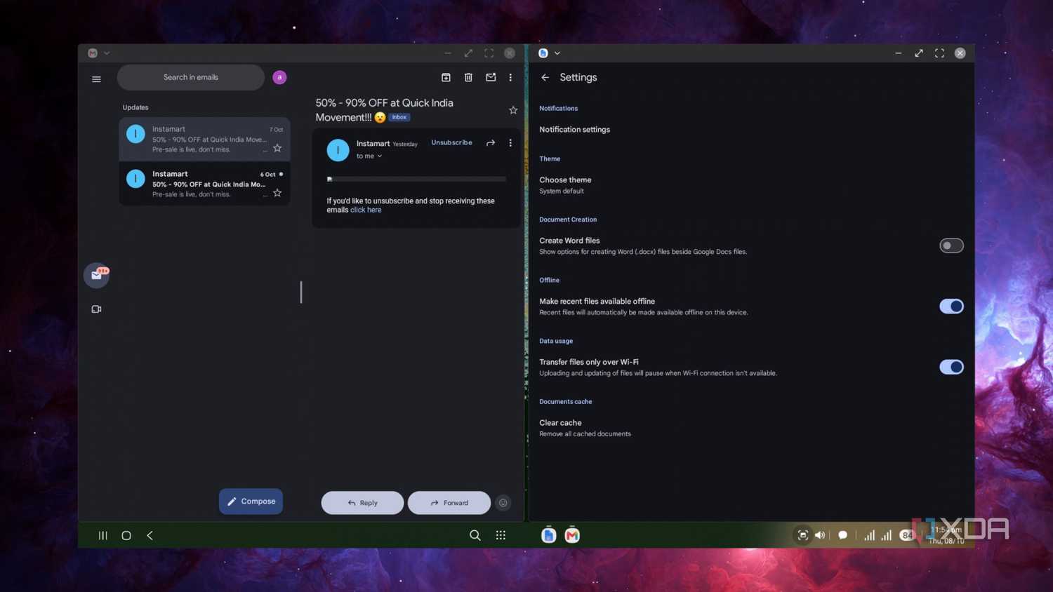 Gmail và Google Docs mở cạnh nhau trên DeX