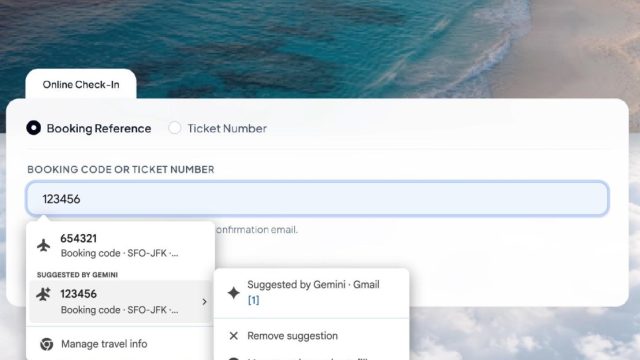 Gợi ý mã đặt chỗ do Gemini lấy từ Gmail trong biểu mẫu trực tuyến