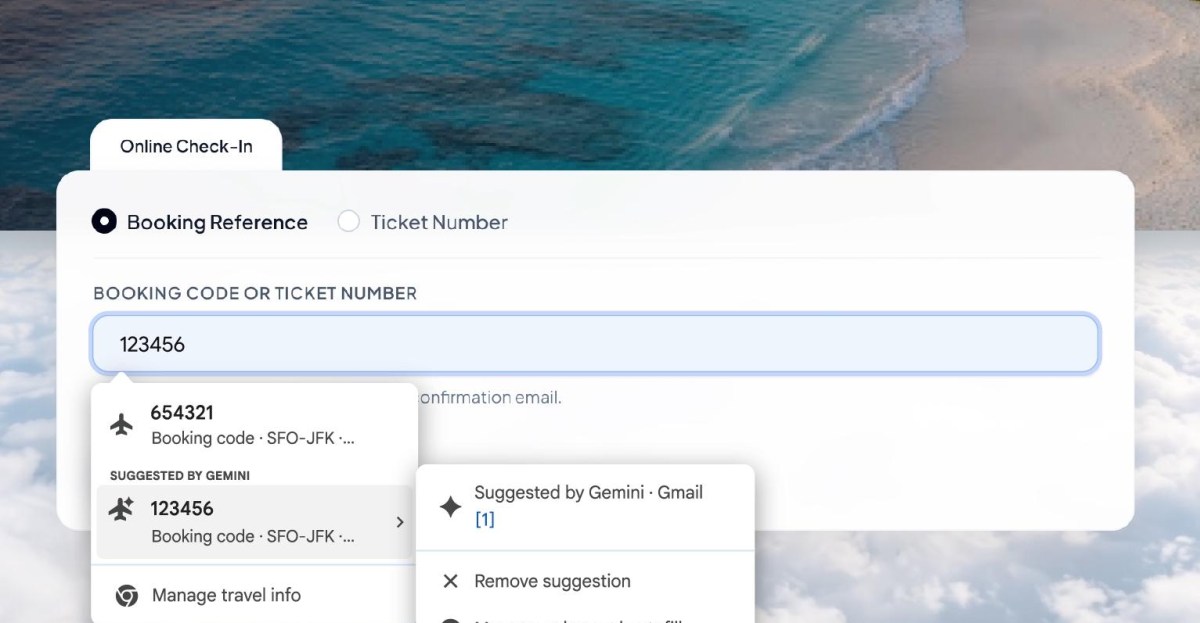 Gợi ý mã đặt chỗ do Gemini lấy từ Gmail trong biểu mẫu trực tuyến