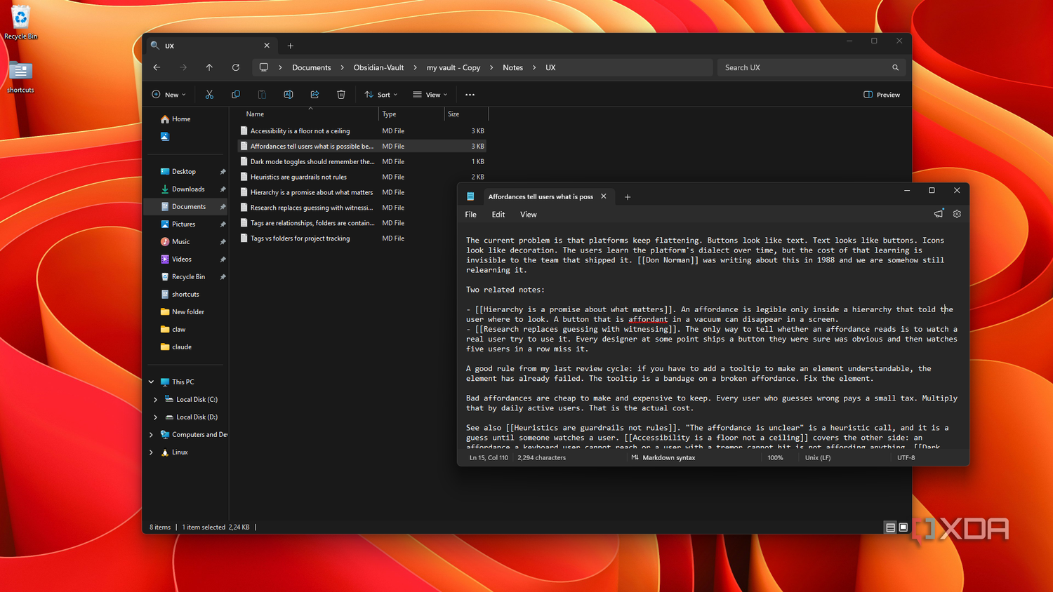 going through UX note folder in Explorer and Notepad