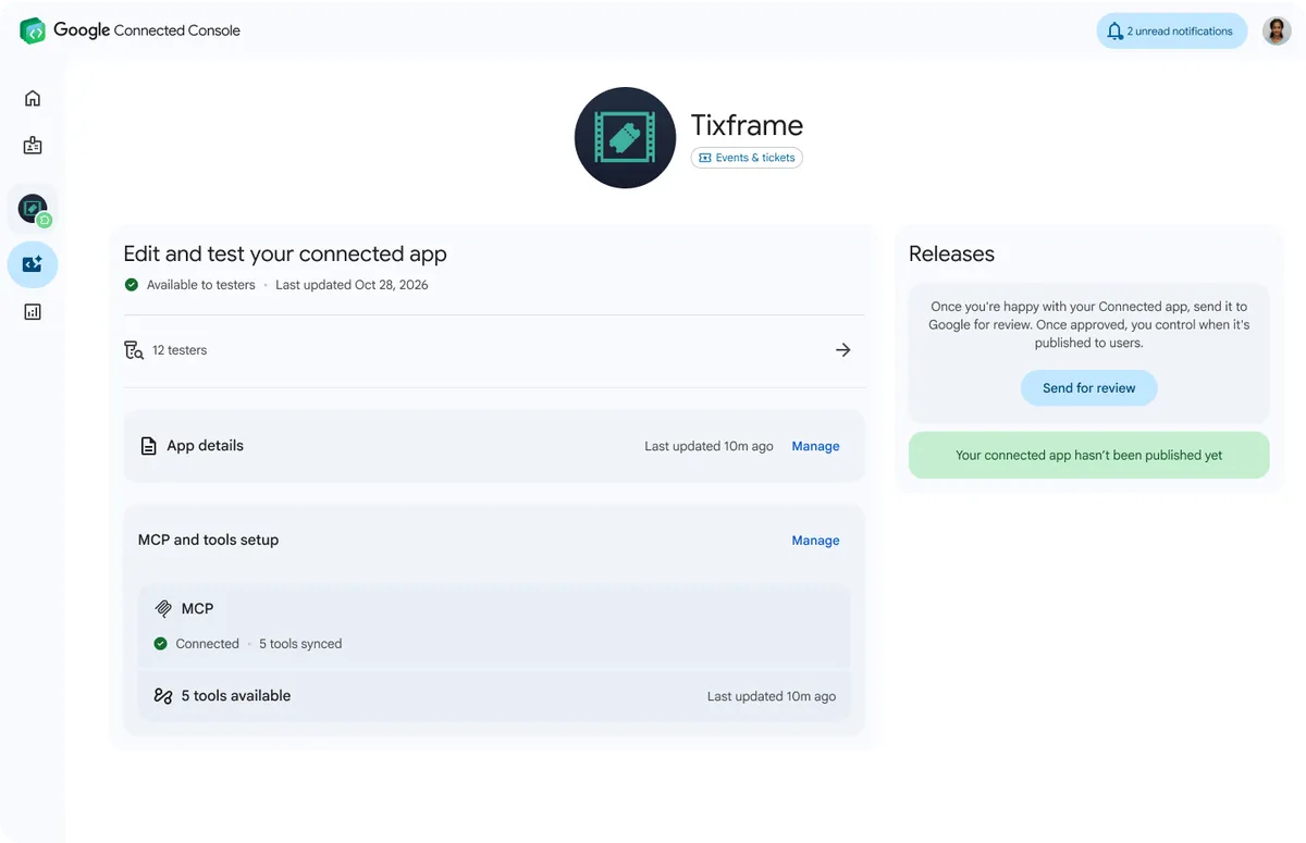 Google Connected Console tập trung đăng ký và kiểm thử ứng dụng trước khi gửi xét duyệt.