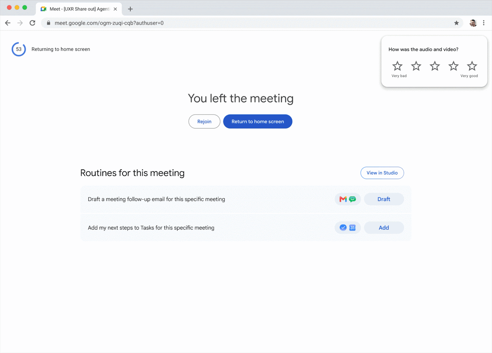 Google Meet đưa ra routine email và Google Tasks sau cuộc họp