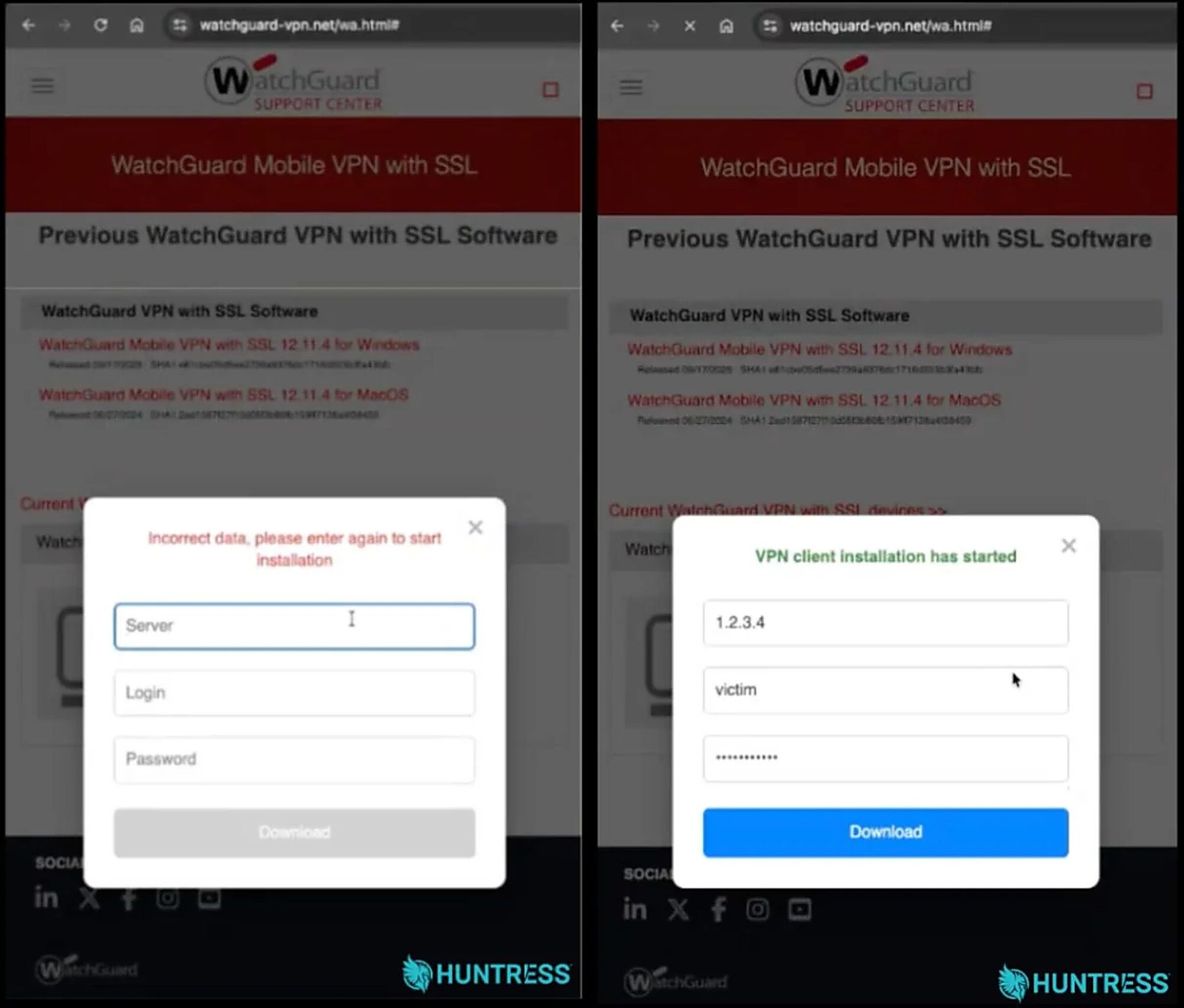 Hai bước của hộp thoại giả: thông báo Incorrect data buộc nhập lại, rồi thông báo cài đặt bắt đầu