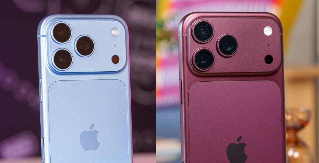Hai chiếc iPhone màu xanh và đỏ mận, cụm camera nổi