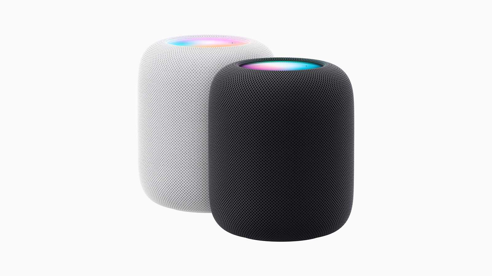 Hai chiếc loa Apple HomePod thế hệ thứ hai màu đen và trắng