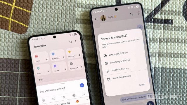 Hai điện thoại hiển thị Reminders và Google Messages