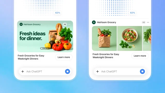 Hai màn hình ChatGPT hiển thị quảng cáo hình ảnh Heirloom Grocery bên dưới tiến trình tạo ảnh.