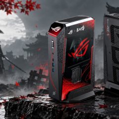 Hai máy ASUS ROG NUC 16 phiên bản Phantom Blade Zero với thiết kế đen đỏ