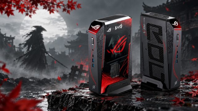Hai máy ASUS ROG NUC 16 phiên bản Phantom Blade Zero với thiết kế đen đỏ