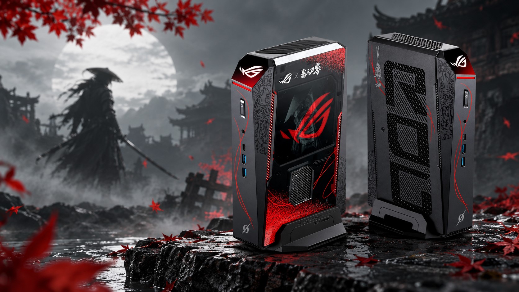 Hai mặt của ASUS ROG NUC 16 Phantom Blade Zero với họa tiết đen đỏ