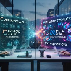 Hai người làm việc với laptop hiển thị nhãn Anthropic Claude và Meta Wonder.