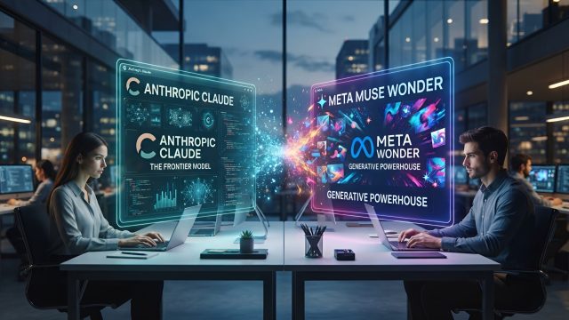 Hai người làm việc với laptop hiển thị nhãn Anthropic Claude và Meta Wonder.