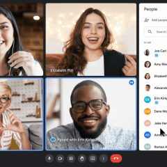 Hai ô video ghép cặp có viền xanh trên giao diện Google Meet web