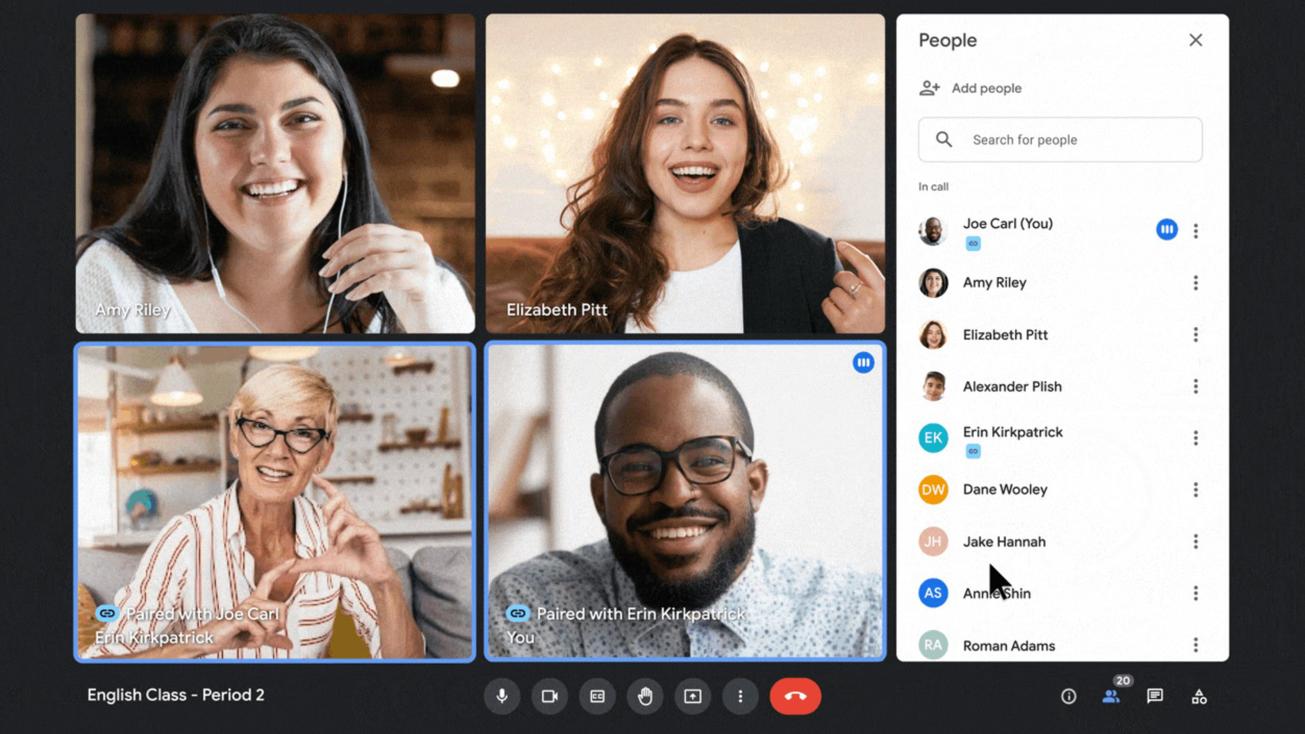 Hai ô video ghép cặp có viền xanh trên giao diện Google Meet web