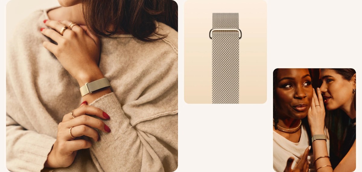 Hai phiên bản màu sắc Champagne Gold và Polished Silver của dây lưới kim loại Fitbit Air