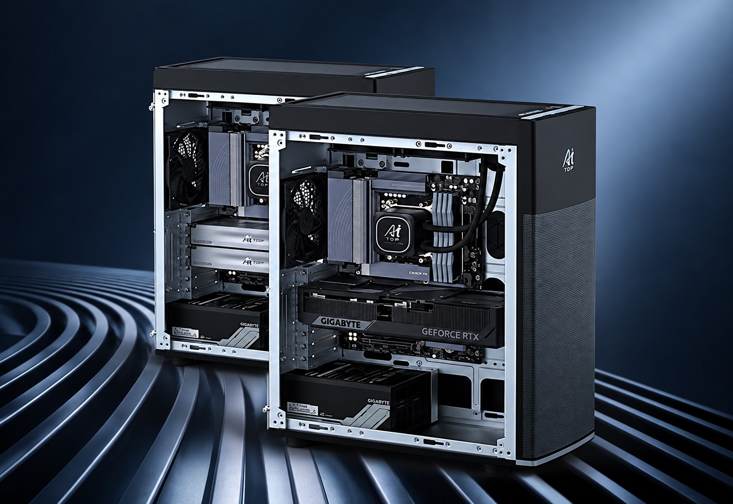 Hai thùng máy GIGABYTE AI TOP 100 B850 mở nắp hông hiển thị cấu hình GPU đơn và GPU kép.