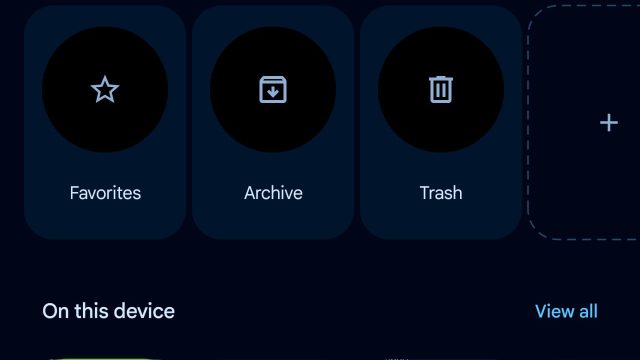 Hàng Pinned trong Google Photos với Favorites, Archive và Trash