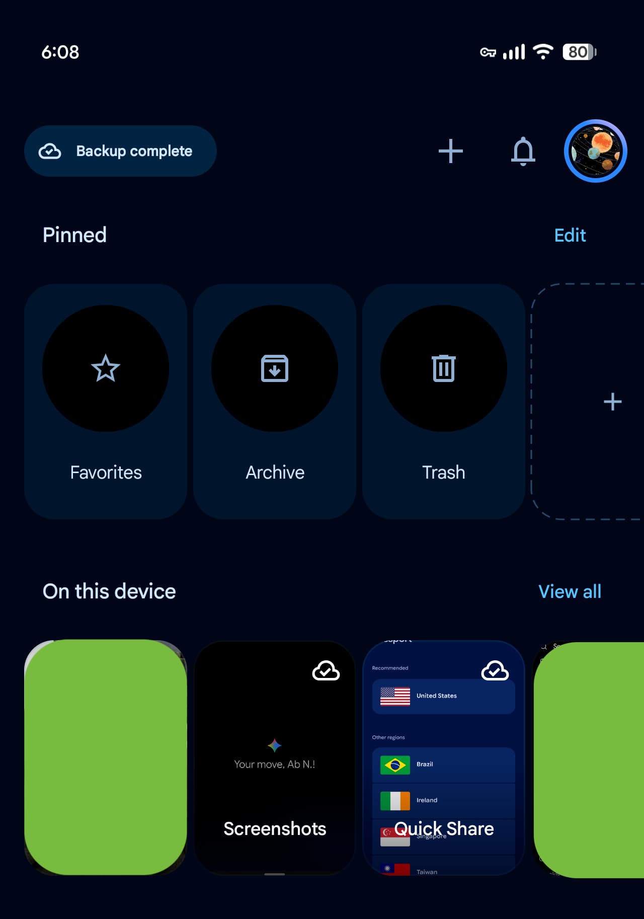Hàng Pinned trong Google Photos với Favorites, Archive và Trash