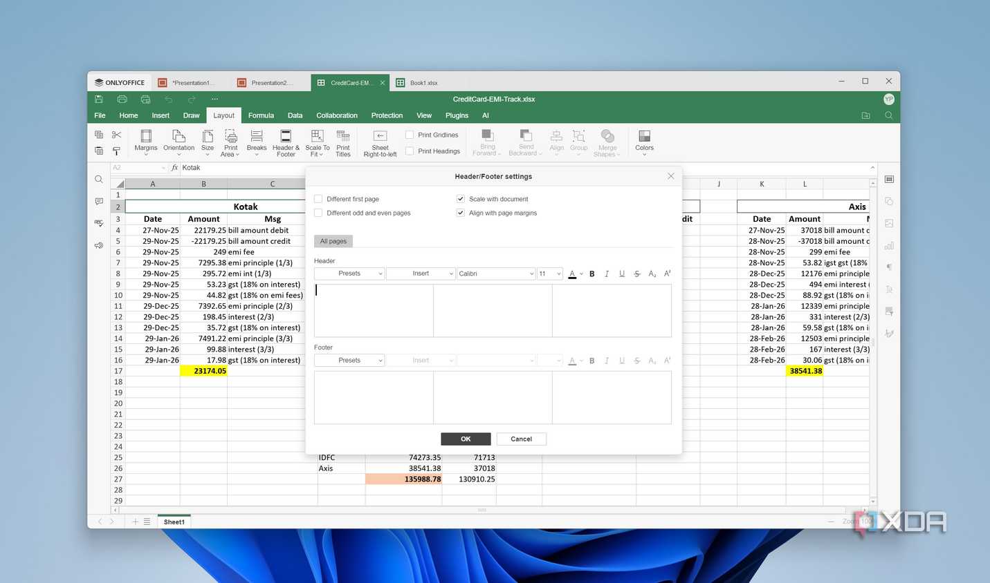 Header settings in OnlyOffice sheets
