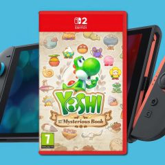 Hộp game Yoshi and the Mysterious Book đặt cạnh hai tay cầm Joy-Con của Nintendo Switch 2.
