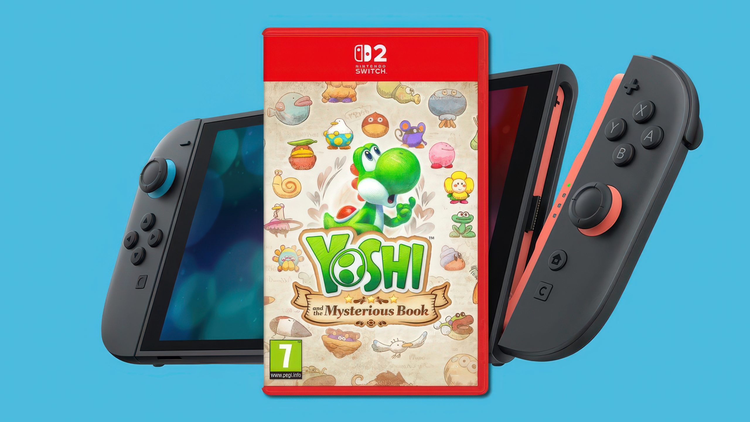 Hộp game Yoshi and the Mysterious Book đặt cạnh hai tay cầm Joy-Con của Nintendo Switch 2.