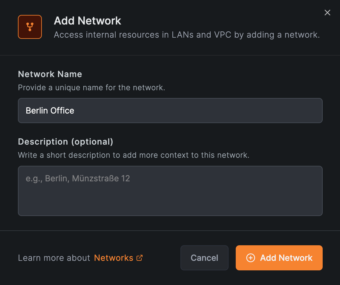 Hộp thoại Add Network của NetBird