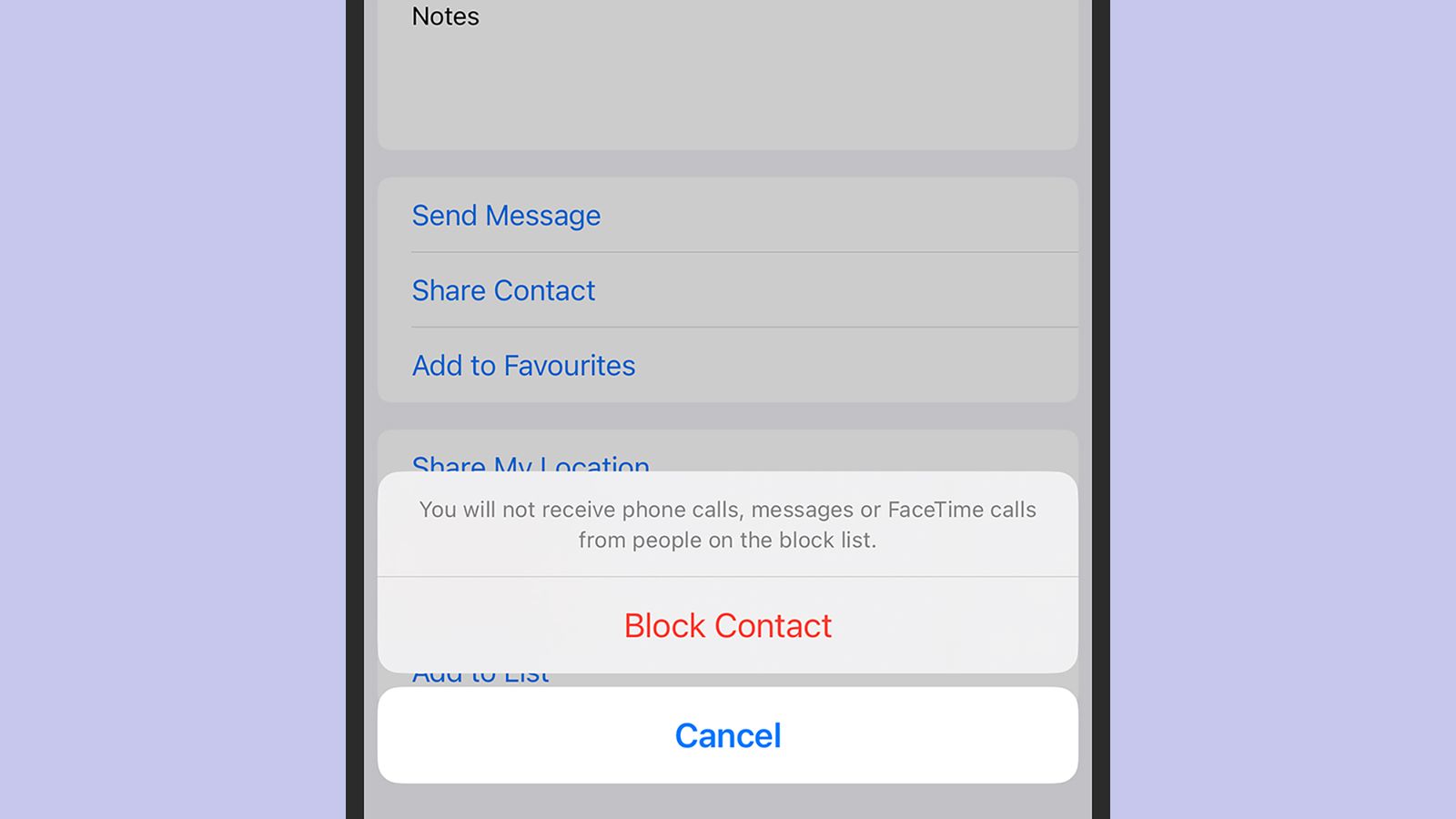 Hộp thoại Block Contact trên iPhone để chặn cuộc gọi và tin nhắn từ liên hệ