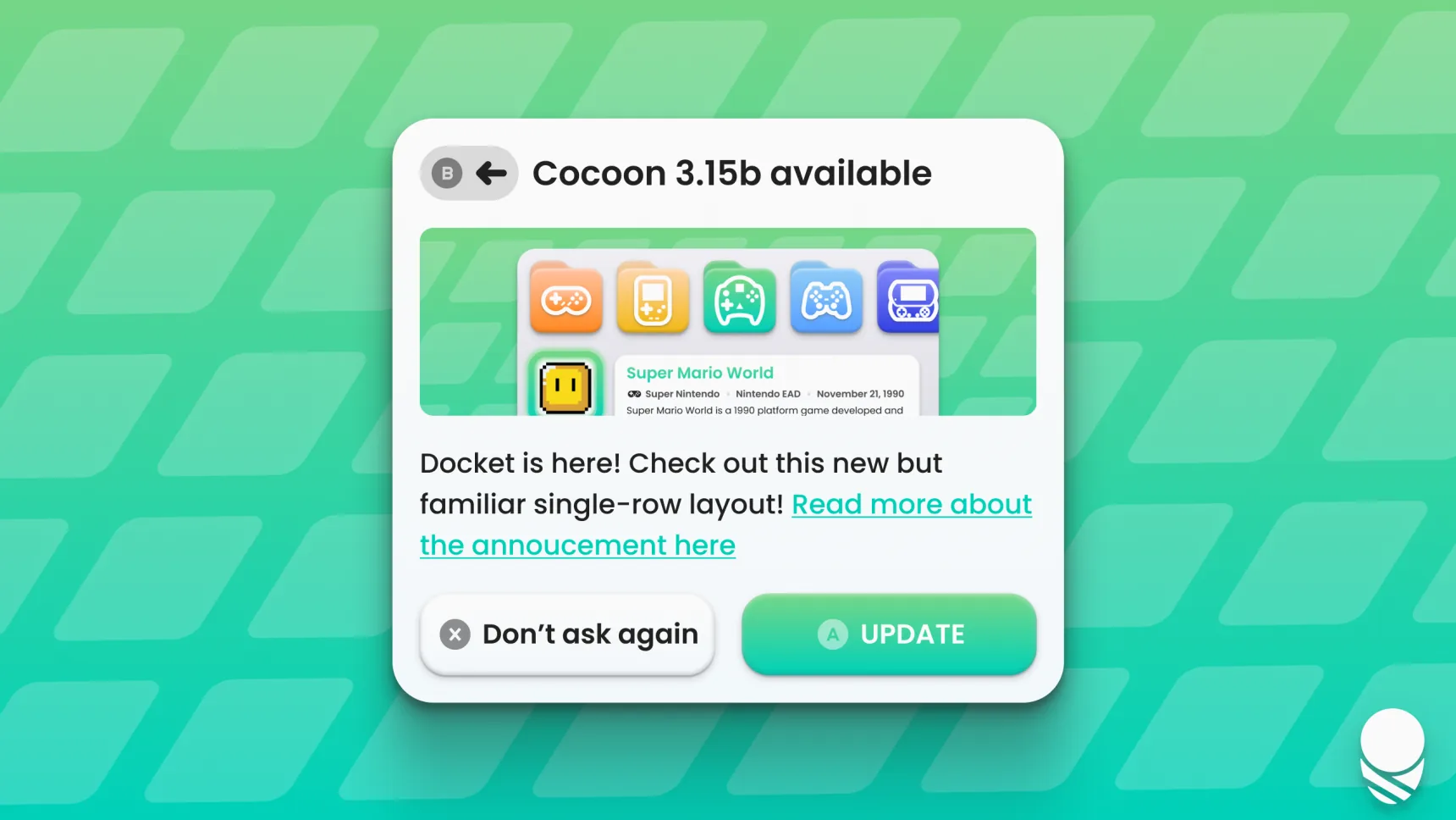 Hộp thoại cập nhật Cocoon và danh sách thay đổi