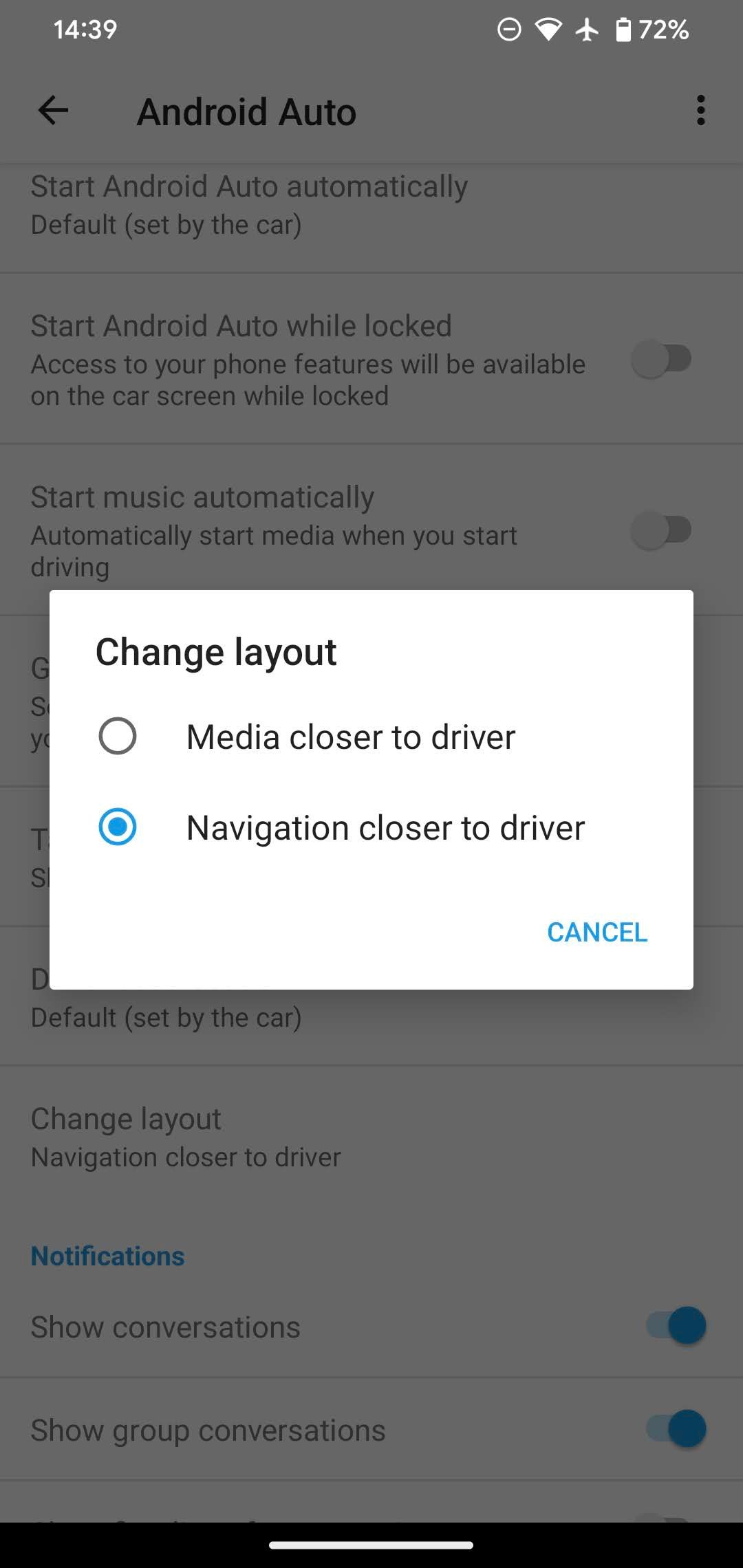Hộp thoại Change layout với lựa chọn điều hướng gần người lái